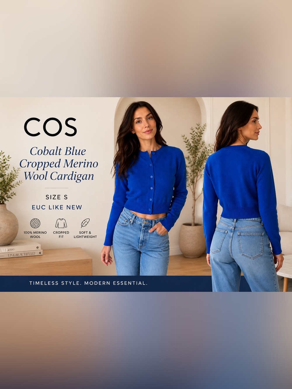 COS Cobalt Blue Cropped Merino Wool Cardigan Size S EUC